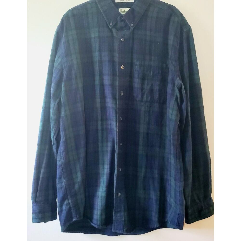 LL Bean Mens L Tall Green Blue Plaid Long Sleeve Flannel Shirt Cotton LT